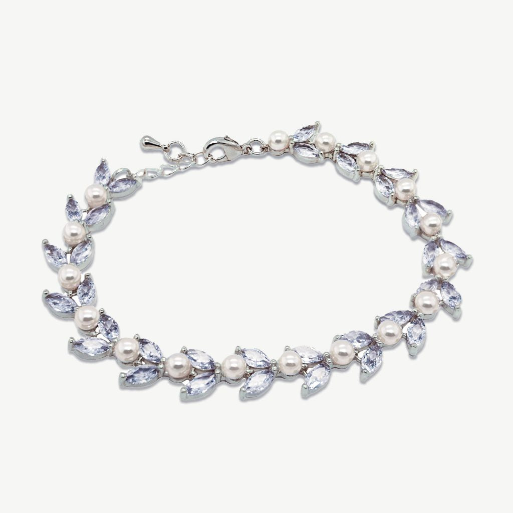 Boston Leafy Crystal Pearl Bracelet – Rose Gold, Gold or Rhodium