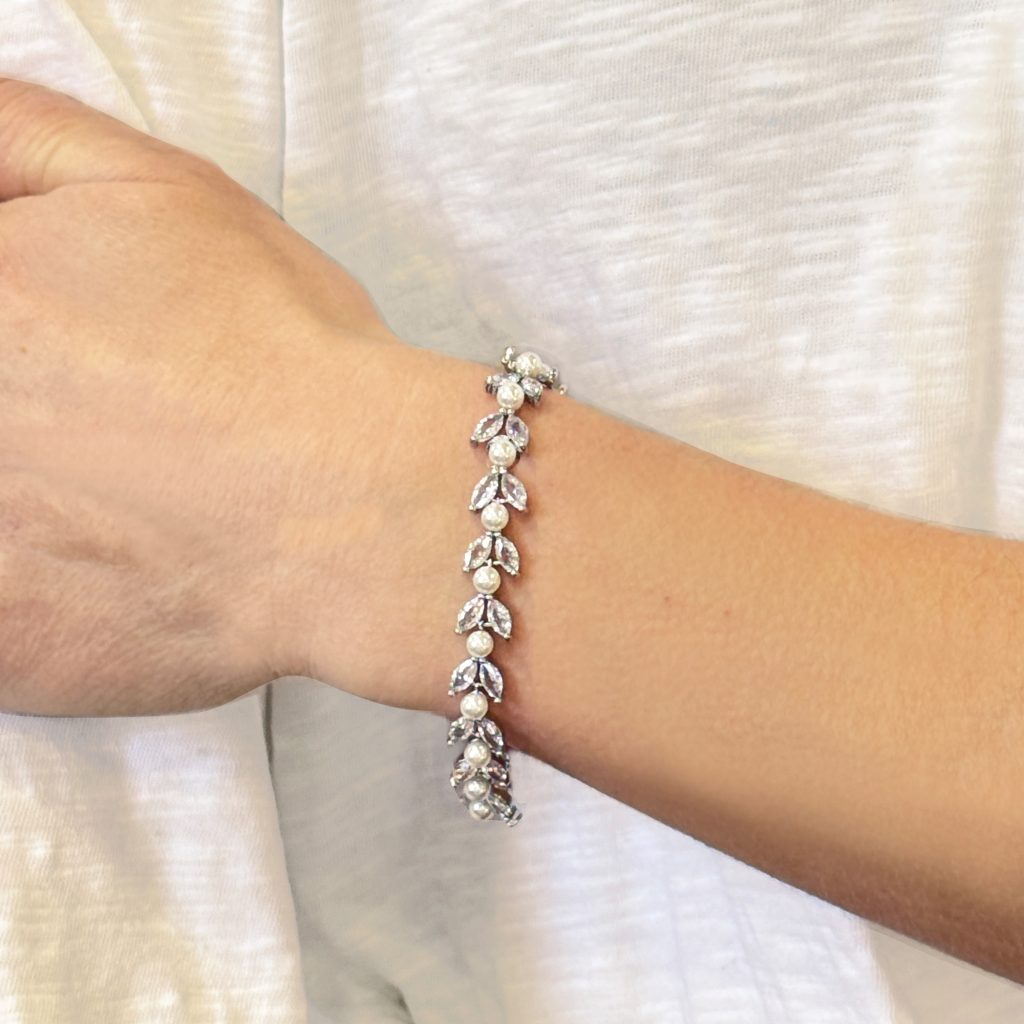 Boston Leafy Crystal Pearl Bracelet – Rose Gold, Gold or Rhodium