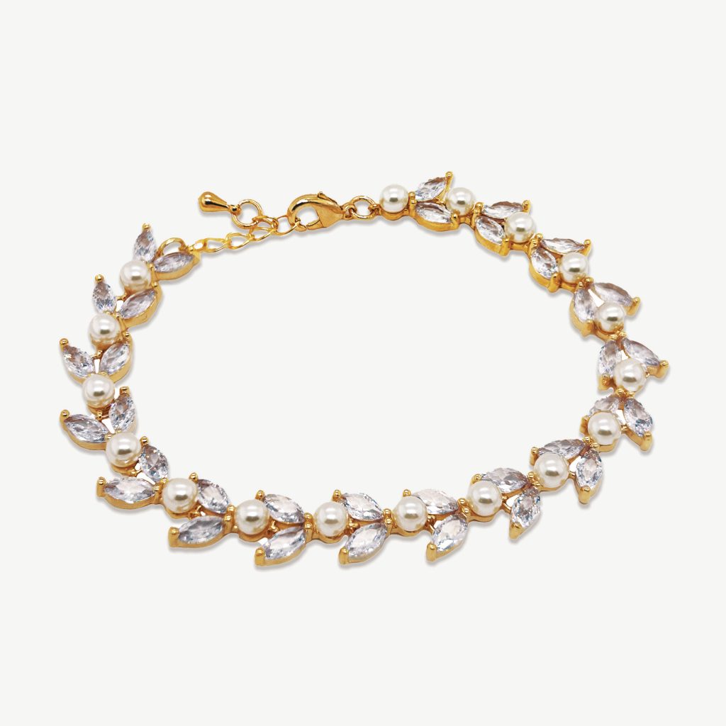 Boston Leafy Crystal Pearl Bracelet – Rose Gold, Gold or Rhodium