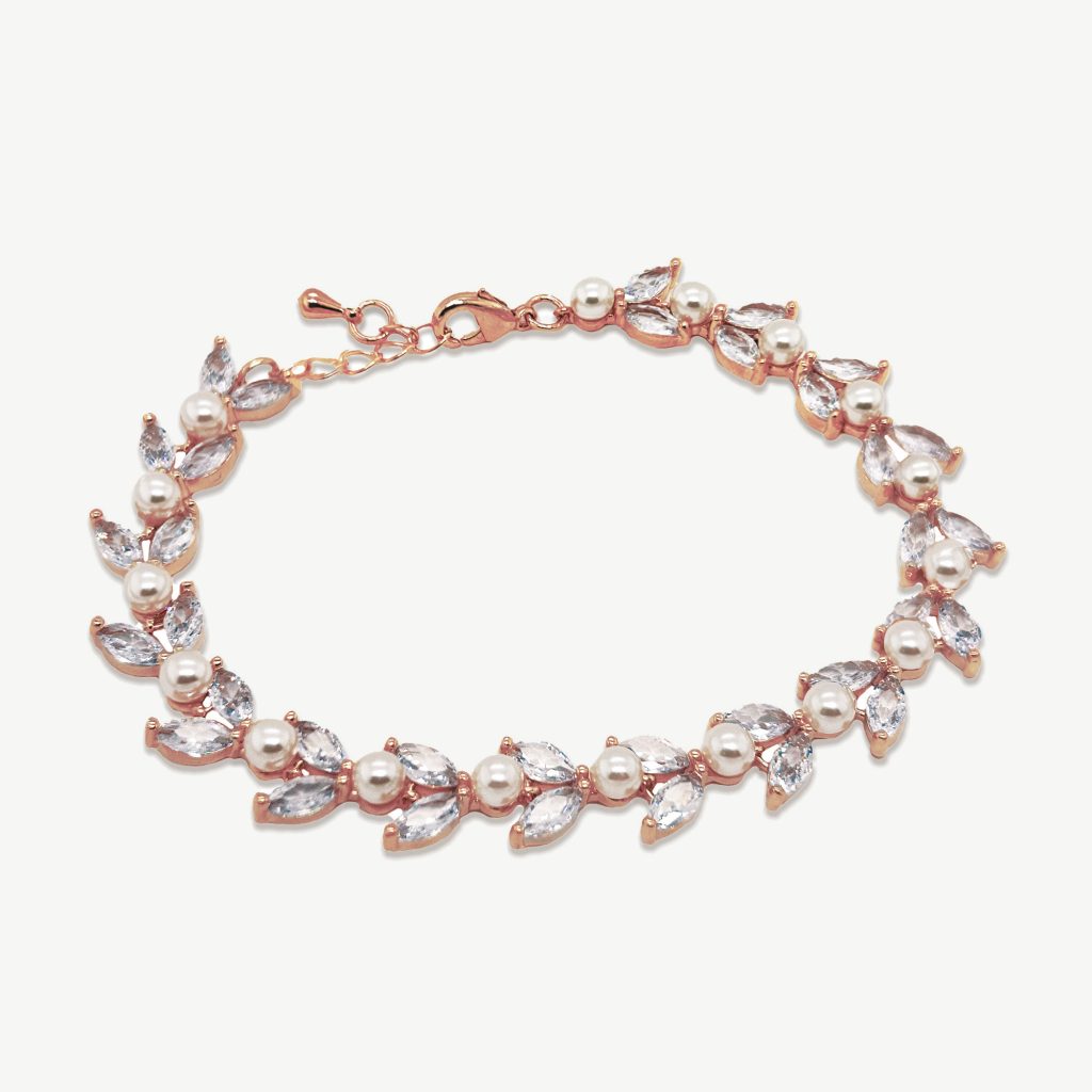 Boston Leafy Crystal Pearl Bracelet – Rose Gold, Gold or Rhodium