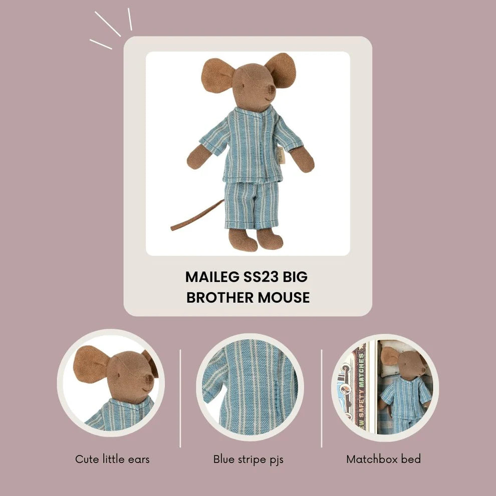 Maileg Big Brother Mouse in matchbox, Blue striped Set