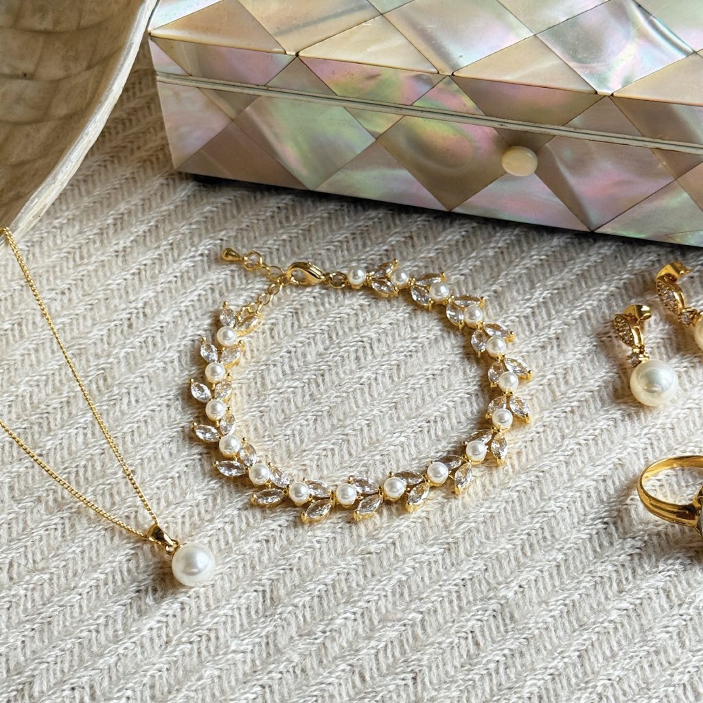 Boston Leafy Crystal Pearl Bracelet – Rose Gold, Gold or Rhodium