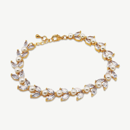 Boston Leafy Crystal Pearl Bracelet – Rose Gold, Gold or Rhodium