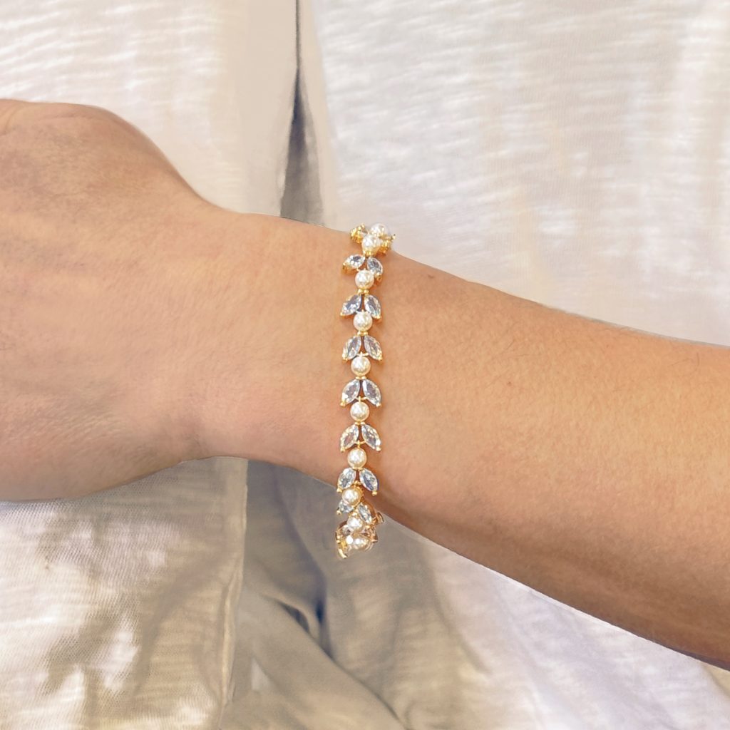 Boston Leafy Crystal Pearl Bracelet – Rose Gold, Gold or Rhodium